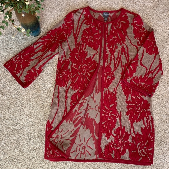 Chico's Sweaters - Chico's Long Red & Tan Floral Cardigan/Jacket